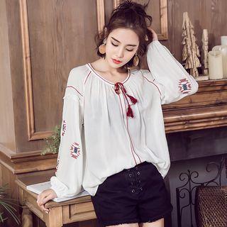 Long-sleeve Embroidered Top White - S