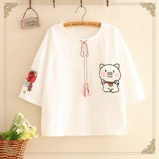 3/4-sleeve Pig Embroidery Hoodie