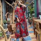 Long-sleeve Floral Midi A-line Dress Floral - Red - One Size