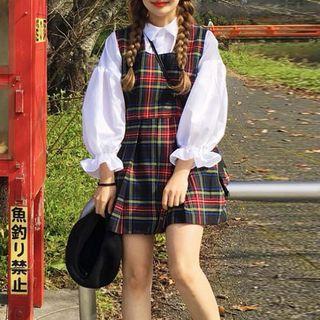 Puff Sleeve Shirt / Plaid Mini Jumper Dress