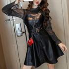 Set: Mesh Blouse + Faux Leather Sleeveless Mini A-line Dress