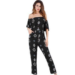 Off-shoulder Elbow-sleeve Straight-cut Jumpsuit