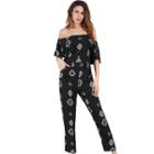 Off-shoulder Elbow-sleeve Straight-cut Jumpsuit
