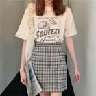 Short-sleeve Lemon Print T-shirt / Plaid A-line Skirt