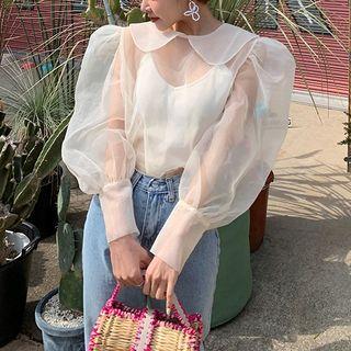 Balloon-sleeve Sheer Blouse Ivory White - One Size