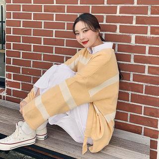 Drawcord-hem Striped Sweater