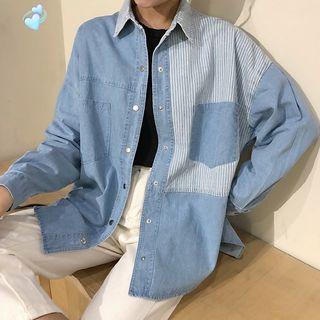Front Pocket Striped Panel Denim Shirt