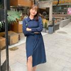 Mock Two-piece Long-sleeve Plain Irregular Tie-strap Shirtdress