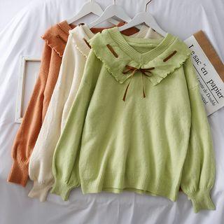 Tie-neckline V-neck Knit Sweater