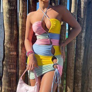 Halter Color Block Lace-up Mini Bodycon Dress