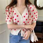 Puff-sleeve Polka Dot Button-up Knit Top