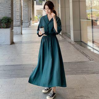 Elbow-sleeve Cut Out A-line Midi Shirtdress