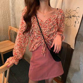 Floral Print Drawstring Chiffon Blouse As Shown In Figure - One Size