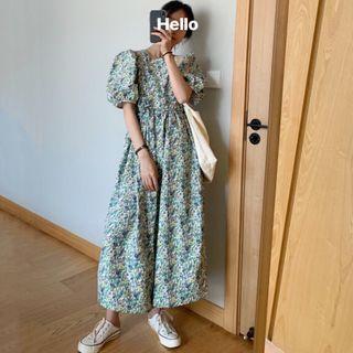 Puff-sleeve Floral Drawstring Dress As Shown In Figure - One Size