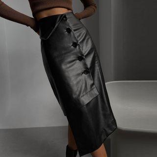 High-waist Faux Leather Button-detail Maxi Skirt