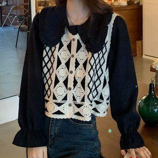 Bell-sleeve Collared Blouse / Single-breasted Vest