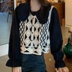 Bell-sleeve Collared Blouse / Single-breasted Vest