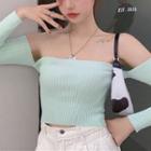 Long-sleeve Off Shoulder Top Mint Green - One Size