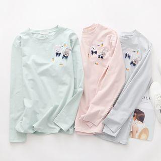 Rabbit Embroidered Pinstriped Long Sleeve T-shirt