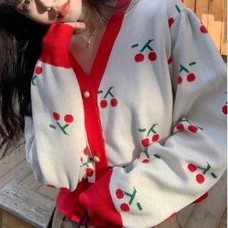Cherry Print Cardigan Red & Green Cherry - White - One Size
