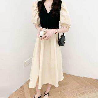 V-neck Two Tone A-line Dress Almond - One Size