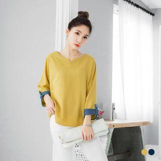 Notched-neck Denim Cuffs Chiffon Top