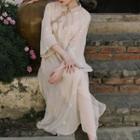 3/4-sleeve Mandarin Collar Midi A-line Chiffon Dress