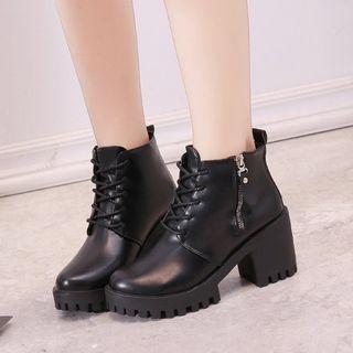Faux Leather Block-heel Lace-up Ankle Boots