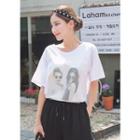Mesh-layered Print-front T-shirt