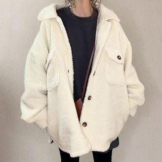 Collared Fleece Button-up Jacket White - M