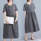 Short-sleeve Frog Buttoned Plaid Midi A-line Dress Black & White - One Size