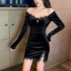 Long-sleeve Lace Trim Velvet Mini Bodycon Dress