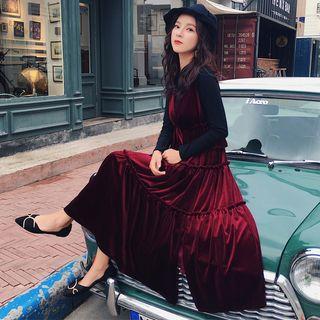 Set: Long-sleeve Top + Pleuche Midi Layered Pinafore Dress