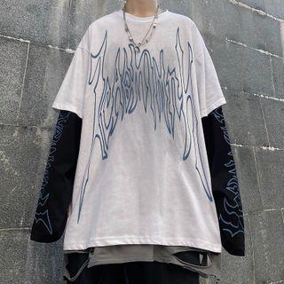 Long-sleeve Mock Two-piece Fire Print T-shirt