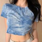 Short-sleeve Tie-dyed Cropped T-shirt Blue - One Size