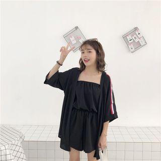 Set: Strapless Playsuit + Striped Trim Open-front Jacket
