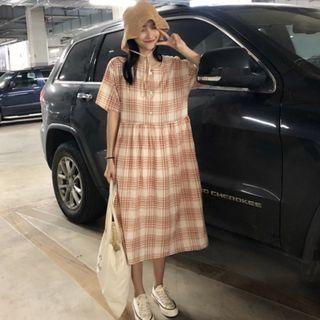 Plaid Short-sleeve Midi Dress Light Tangerine - One Size