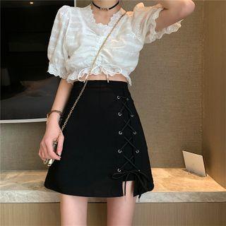 Puff-sleeve Eyelet Lace Drawstring Crop Top / Lace-up Mini A-line Skirt