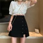 Puff-sleeve Eyelet Lace Drawstring Crop Top / Lace-up Mini A-line Skirt