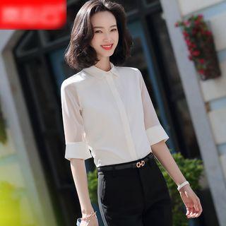 Elbow-sleeve Plain Work Shirt / Pencil Skirt / Set
