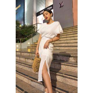 Frilled-sleeve Slit-side Dress With Sash
