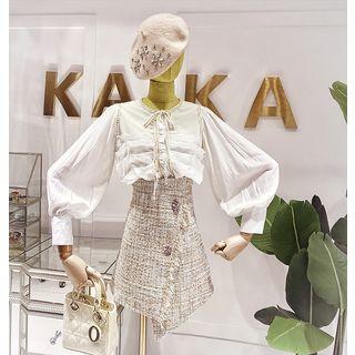 Set: Balloon-sleeve Lace Trim Blouse + Tweed Skirt