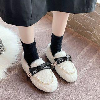 Bow Beaded Fleece Loafers