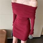 Plain Off-shoulder Slim-fit Long-sleeve Knit Dress