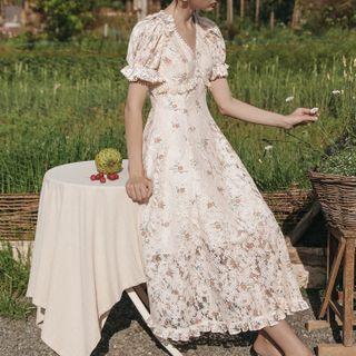 V-neck Floral Lace Midi A-line Dress