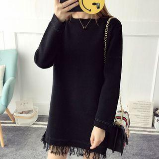 Tasseled Hem Long Sleeve Knit Dress