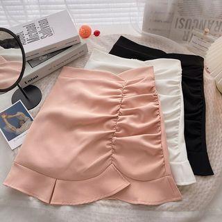 High-waist Plain Ruffle-trim Skirt