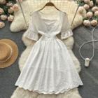 Elbow-sleeve Eyelet Midi A-line Dress White - One Size