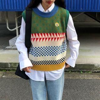 Cartoon Embroidered Color Block Vest As Shown In Figure - One Size