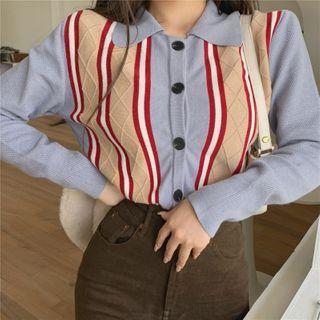 Color Block Knit Cropped Cardigan As Shown In Figure - One Size